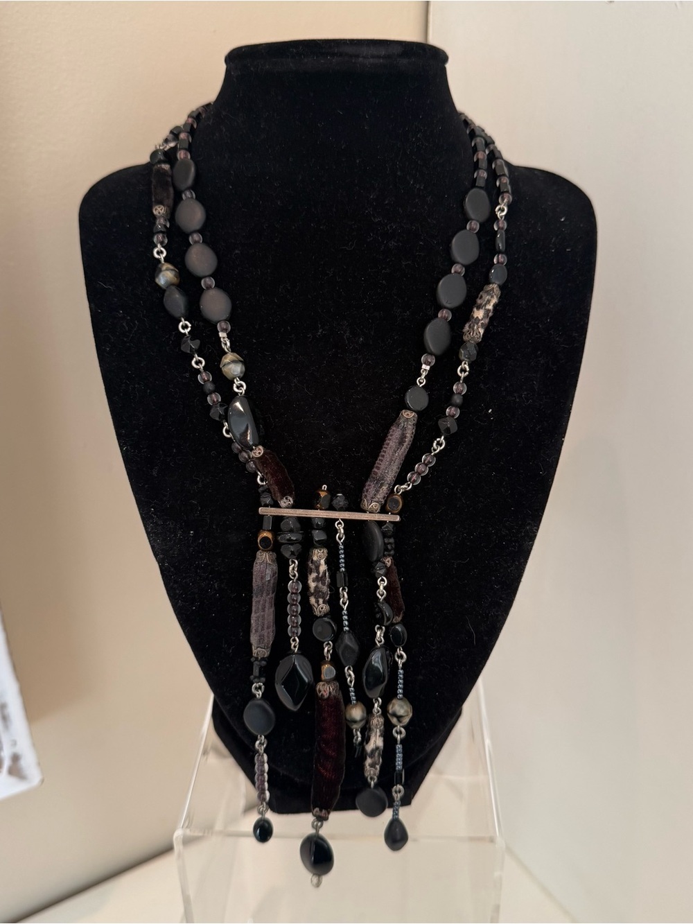 Ayala Bar Black Mixed Media Fringe Statement Necklace Beaded Toggle Clasp